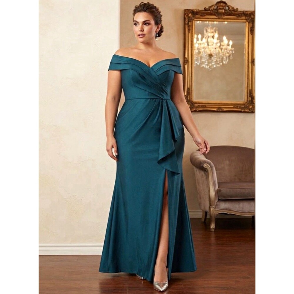 Oleg Cassini Teal Off-Shoulder Dress Plus Size 22W formal dress stretch
